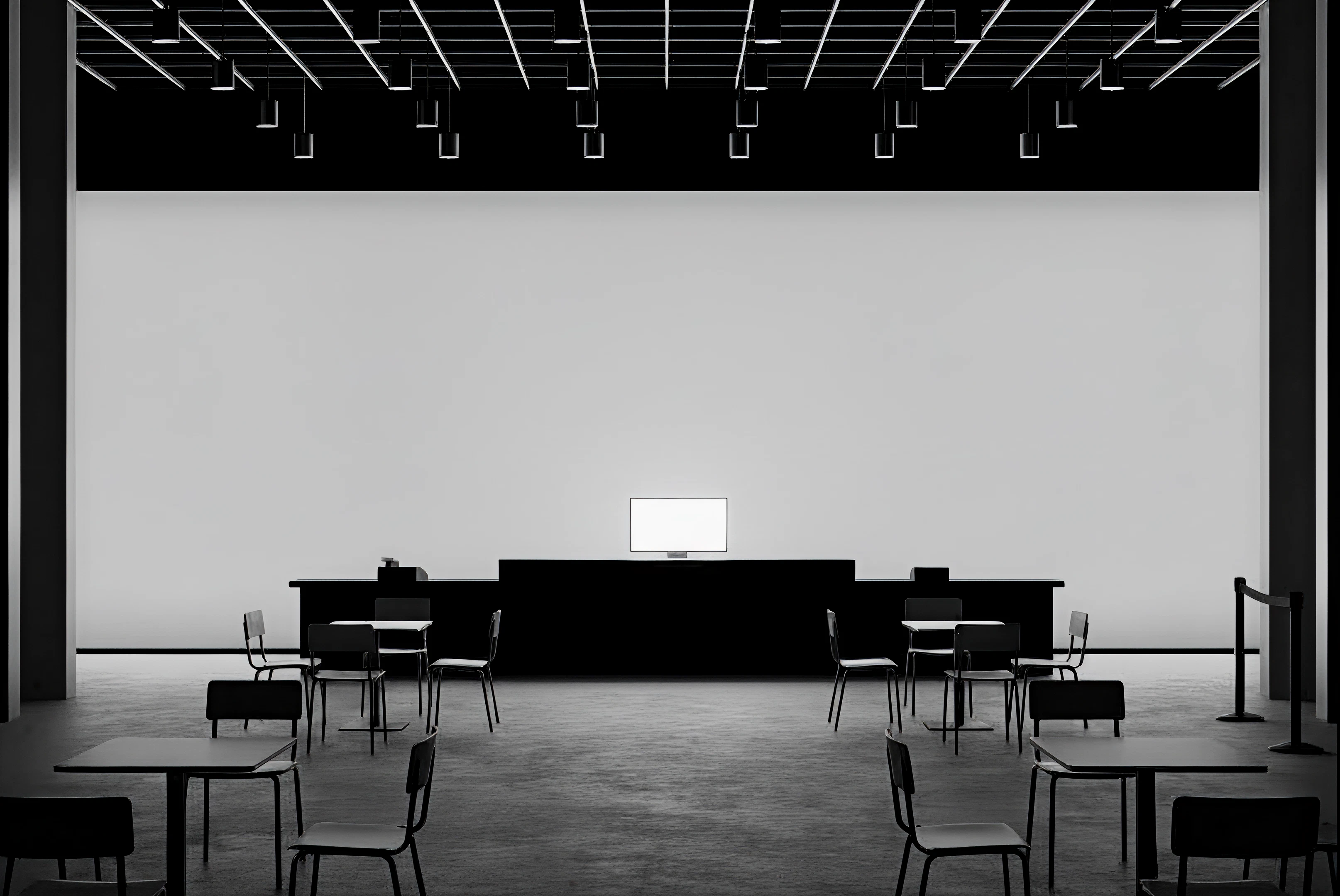 Unmanned store space with an ordering screen on the counter and seating
